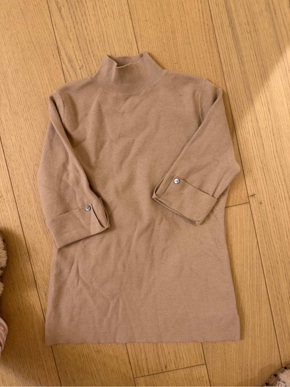 She + Sky Camel Mock Neck Button-Cuff Knit Top